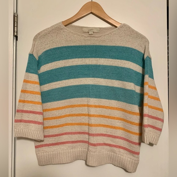 LOFT Sweaters - Cute lightweight striped Loft sweater, teal beige orange knit